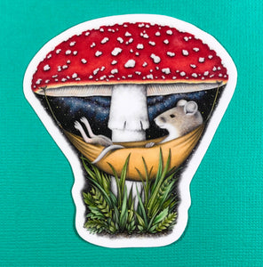 Abundance Illustration - Mouse in a mushroom hammock sticker